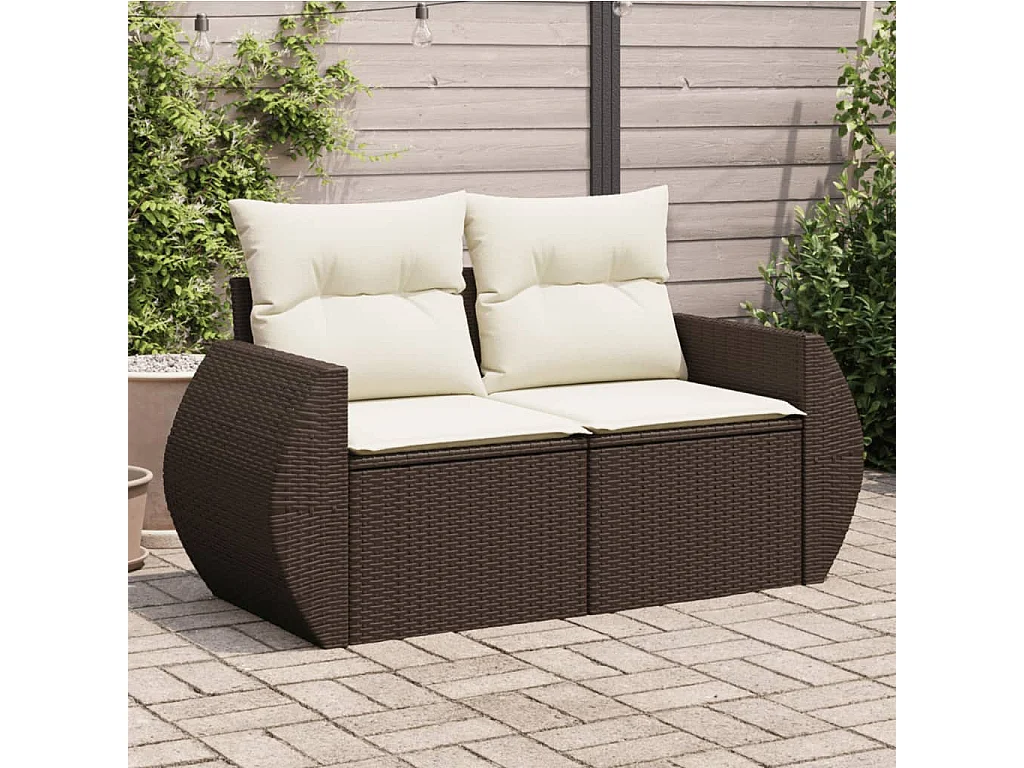 Tuinbank 2-zits met kussens poly rattan bruin