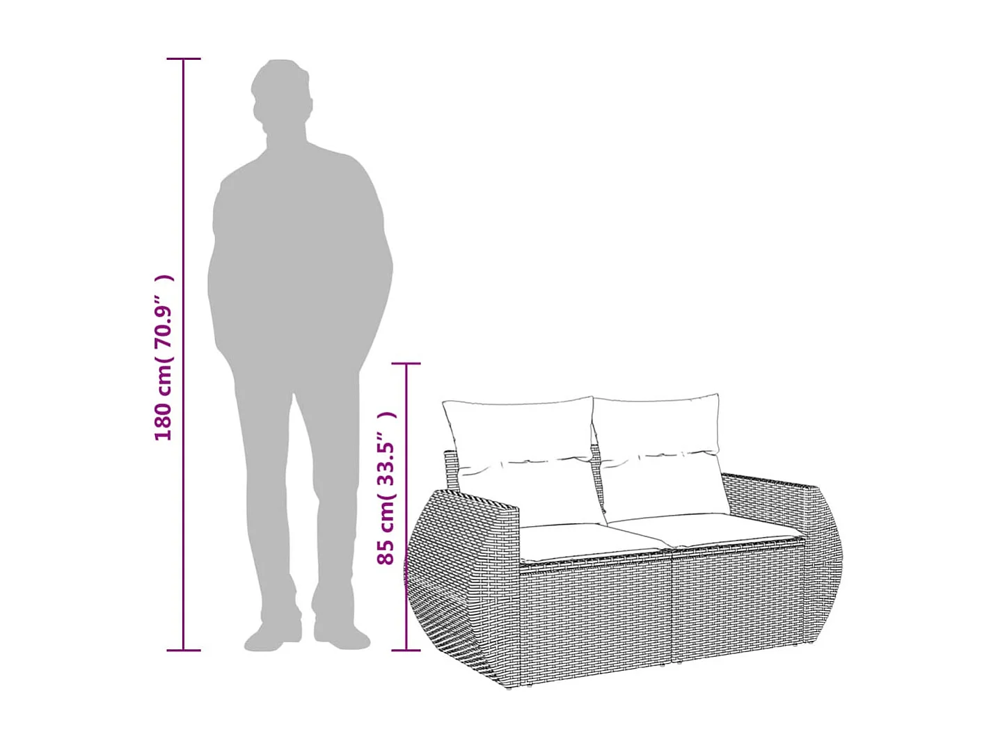Tuinbank 2-zits met kussens poly rattan bruin