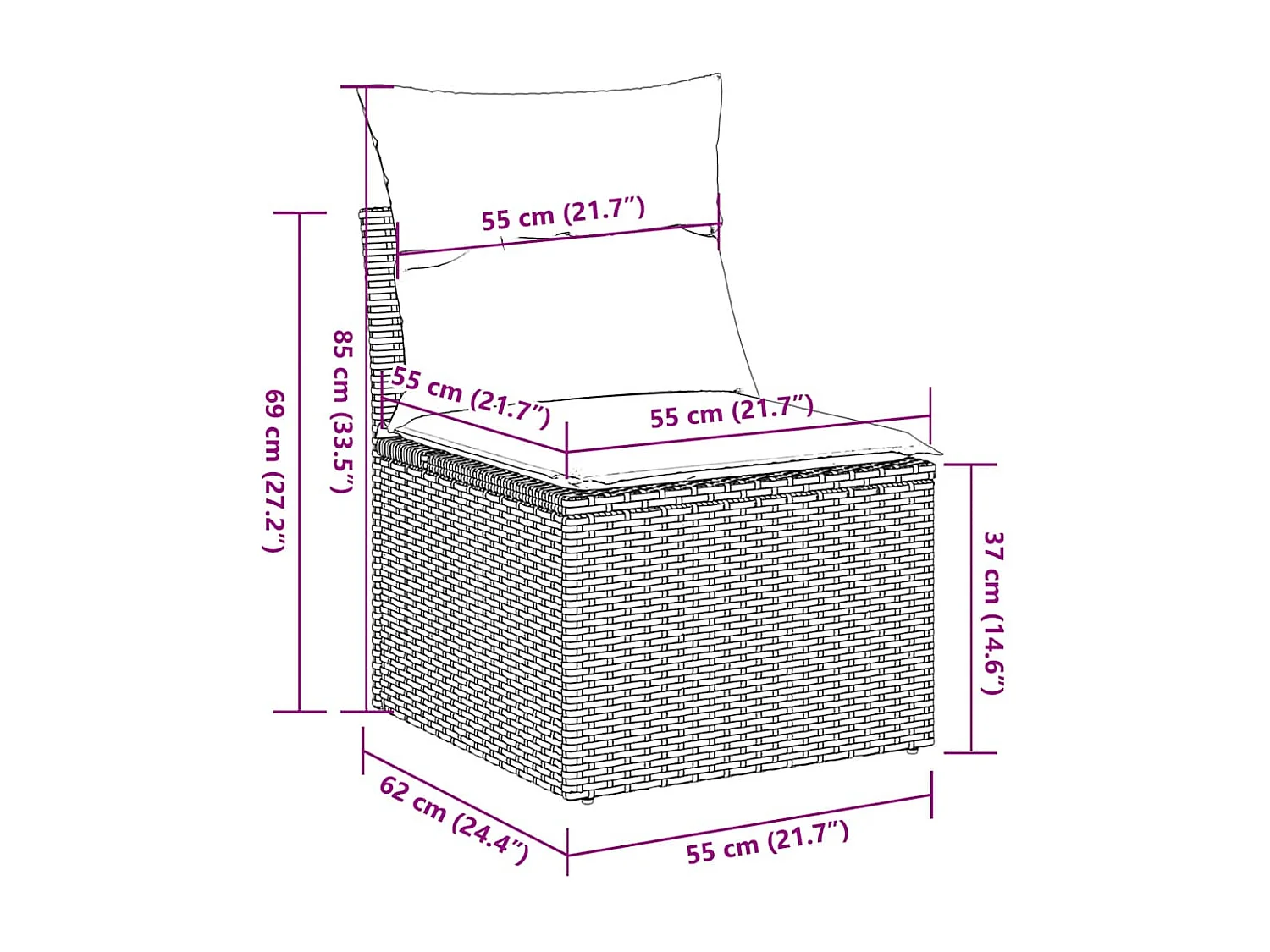 Chaise de jardin sans accoudoirs avec coussins gris clair rotin
