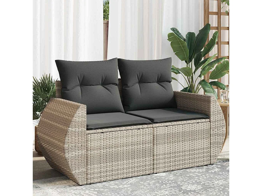 Tuinbank 2-zits met kussens poly rattan lichtgrijs