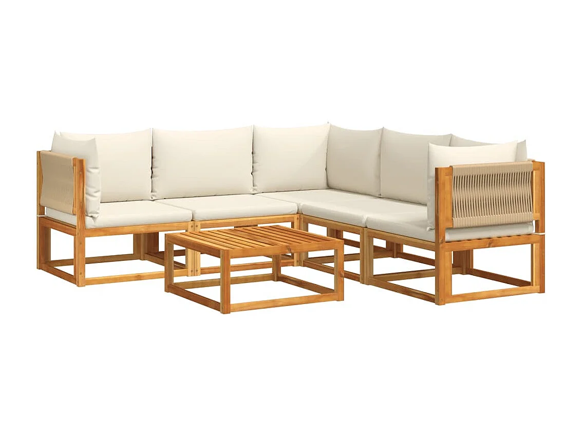 Ensemble de canapés de jardin 6 pièces avec coussins en bois d'acacia et corde