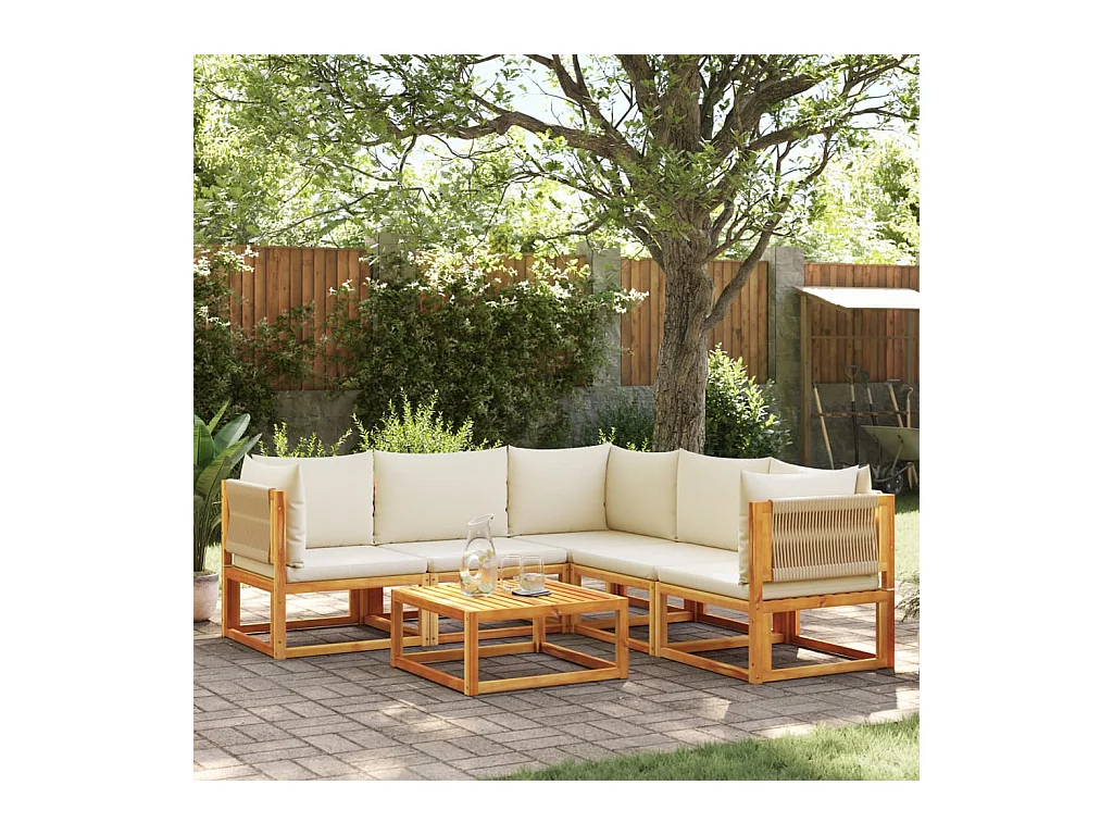 Ensemble de canapés de jardin 6 pièces avec coussins en bois d'acacia et corde