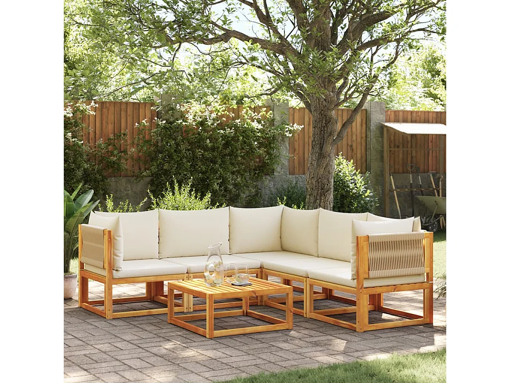 Ensemble de canapés de jardin 6 pièces avec coussins en bois d'acacia et corde