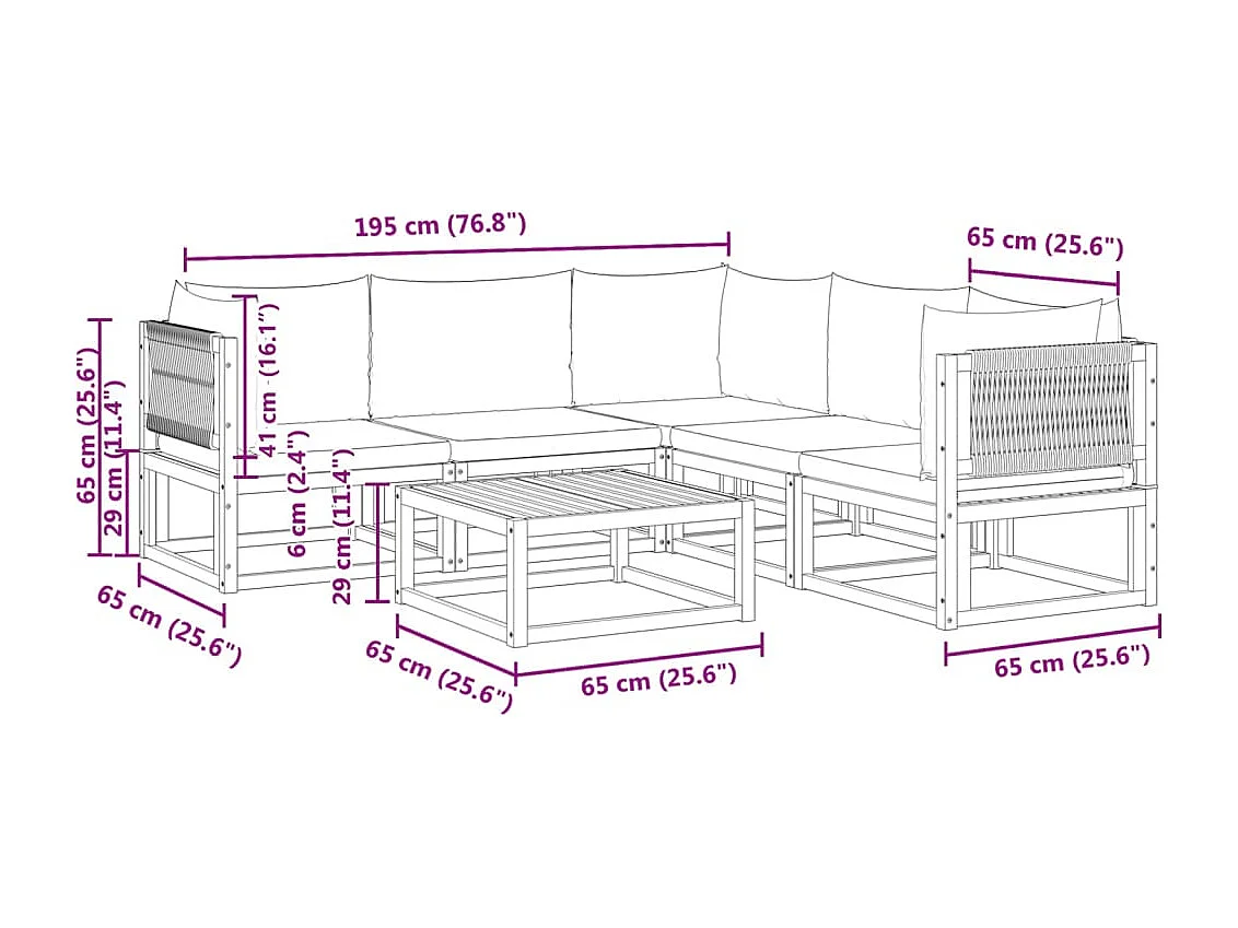 Ensemble de canapés de jardin 6 pièces avec coussins en bois d'acacia et corde