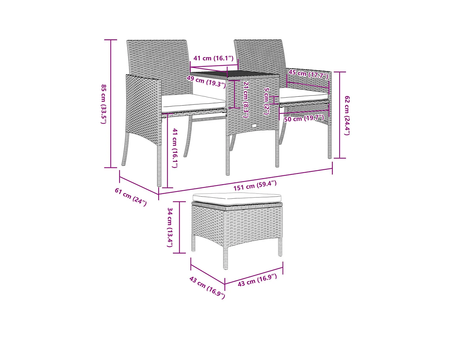 Tuinbank 2-zits met tafel en voetenbanken poly rattan bruin