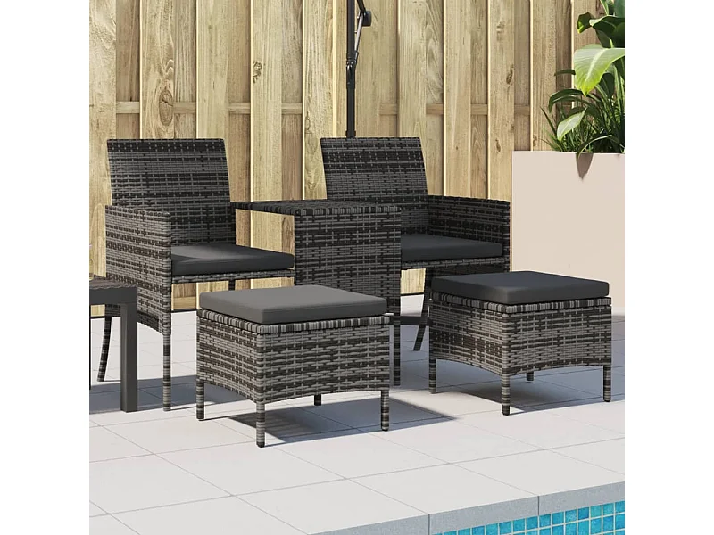 Gartensofa 2-Sitzer mit Tisch und Hockern Grau Poly Rattan