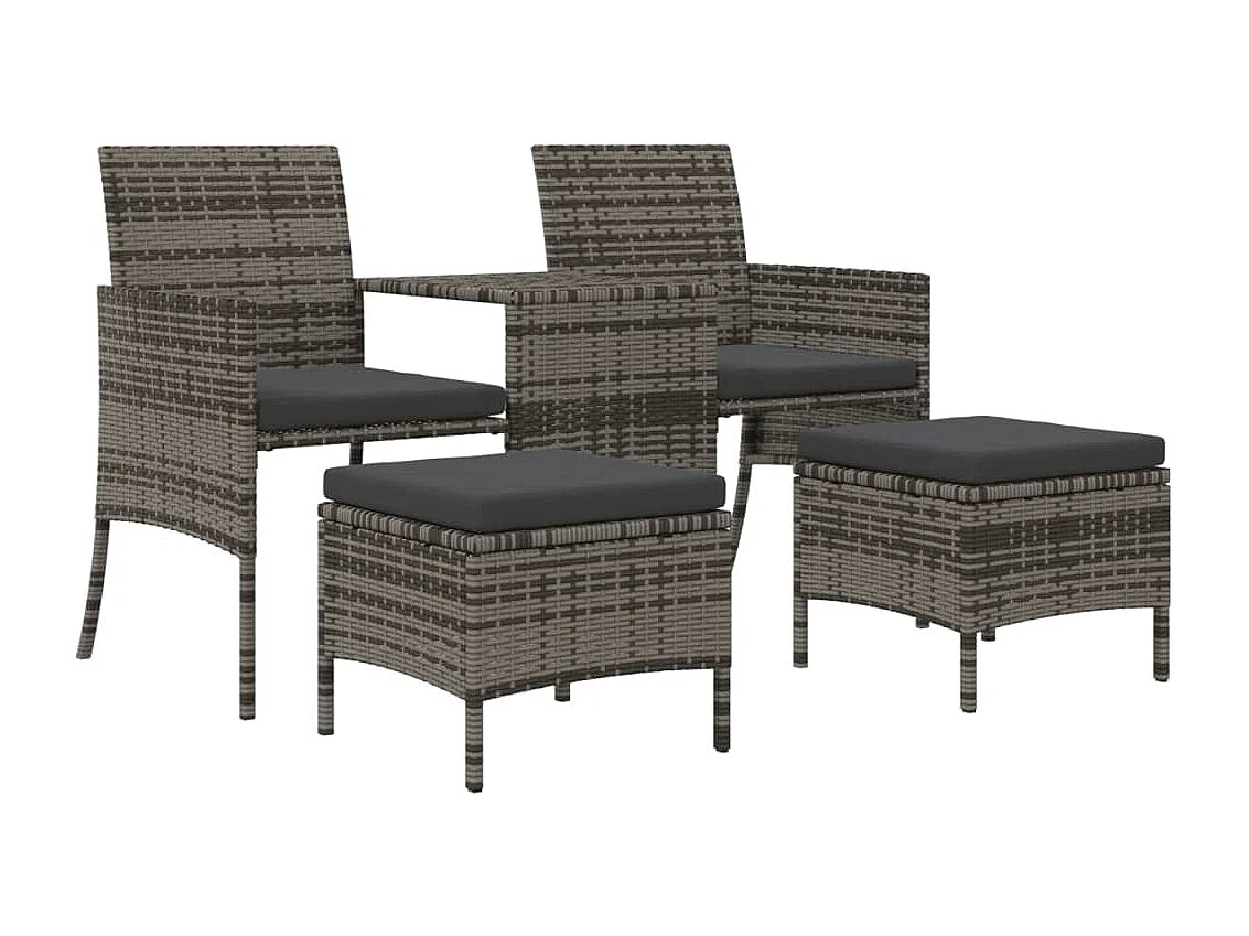 Gartensofa 2-Sitzer mit Tisch und Hockern Grau Poly Rattan