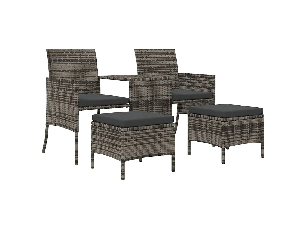 Divano Giardino 2 Posti con Tavolo e Sgabelli Grigio Polyrattan