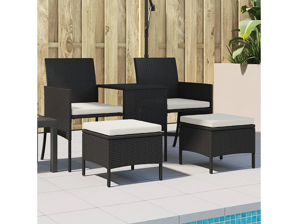 Gartensofa 2-Sitzer mit Tisch und Hockern Schwarz Poly Rattan