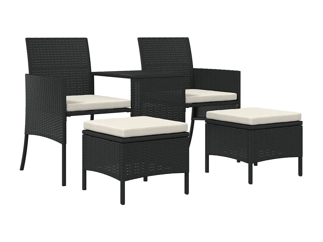 Tuinbank 2-zits met tafel en voetenbanken poly rattan zwart