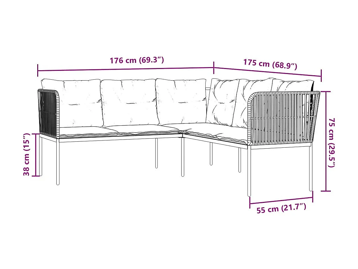 Gartensofa in L-Form mit Kissen Schwarz Stahl und Textilene