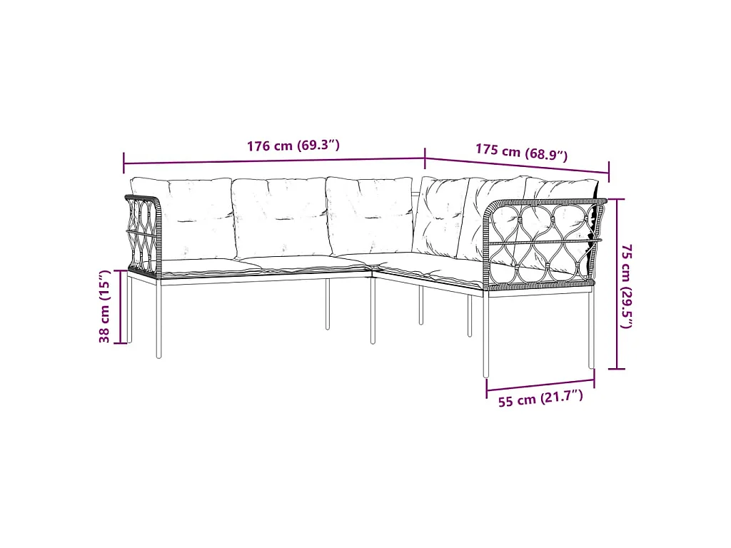 Canapé de jardin avec coussins forme de L noir acier textilène