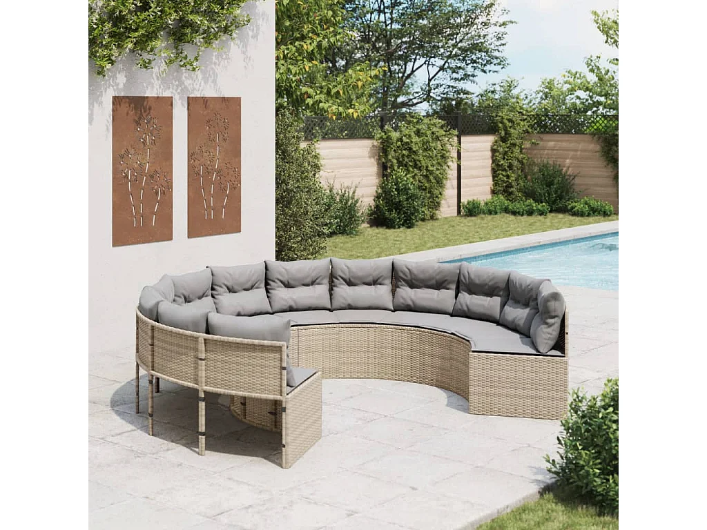Sofá de jardín redondo con cojines ratán sintético beige