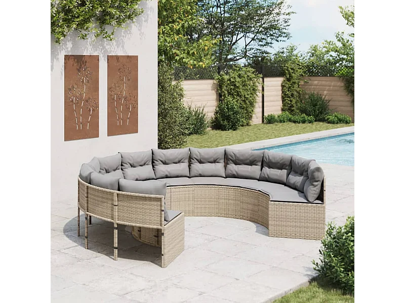 Canapé de jardin avec coussins rond beige résine tressée