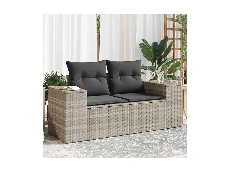 Gartensofa mit Kissen 2-Sitzer Hellgrau Poly Rattan