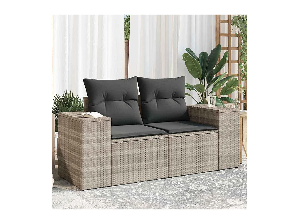 Gartensofa mit Kissen 2-Sitzer Hellgrau Poly Rattan