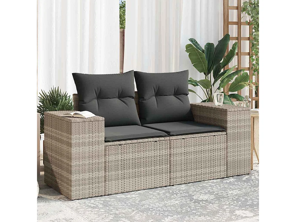 Tuinbank 2-zits met kussens poly rattan lichtgrijs