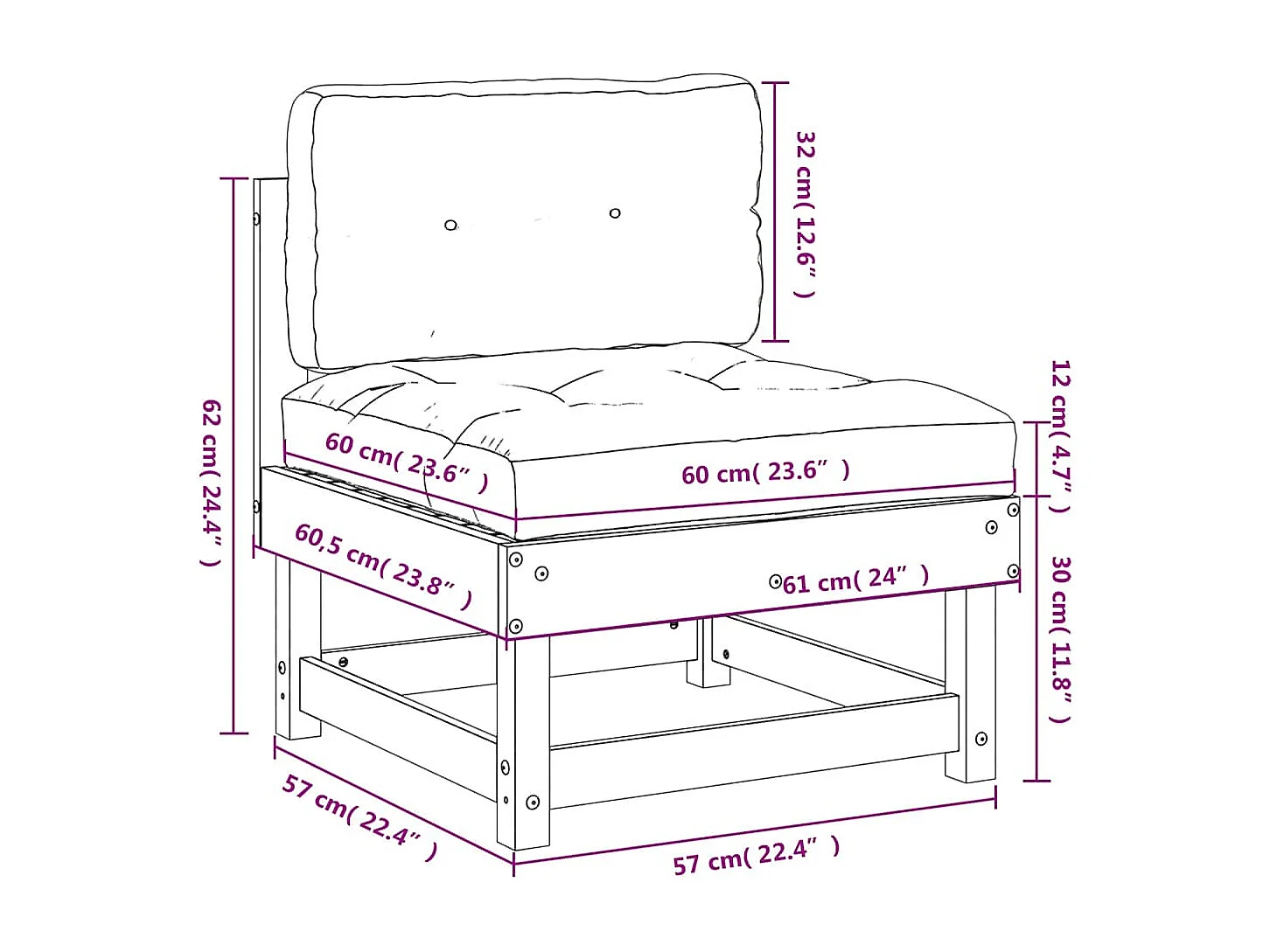 Canapé central avec coussins marron miel bois de pin solide