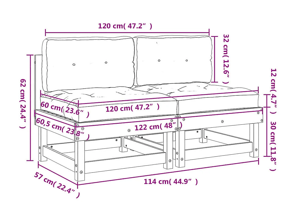 Canapés centraux avec coussins 2 pcs bois de pin imprégné