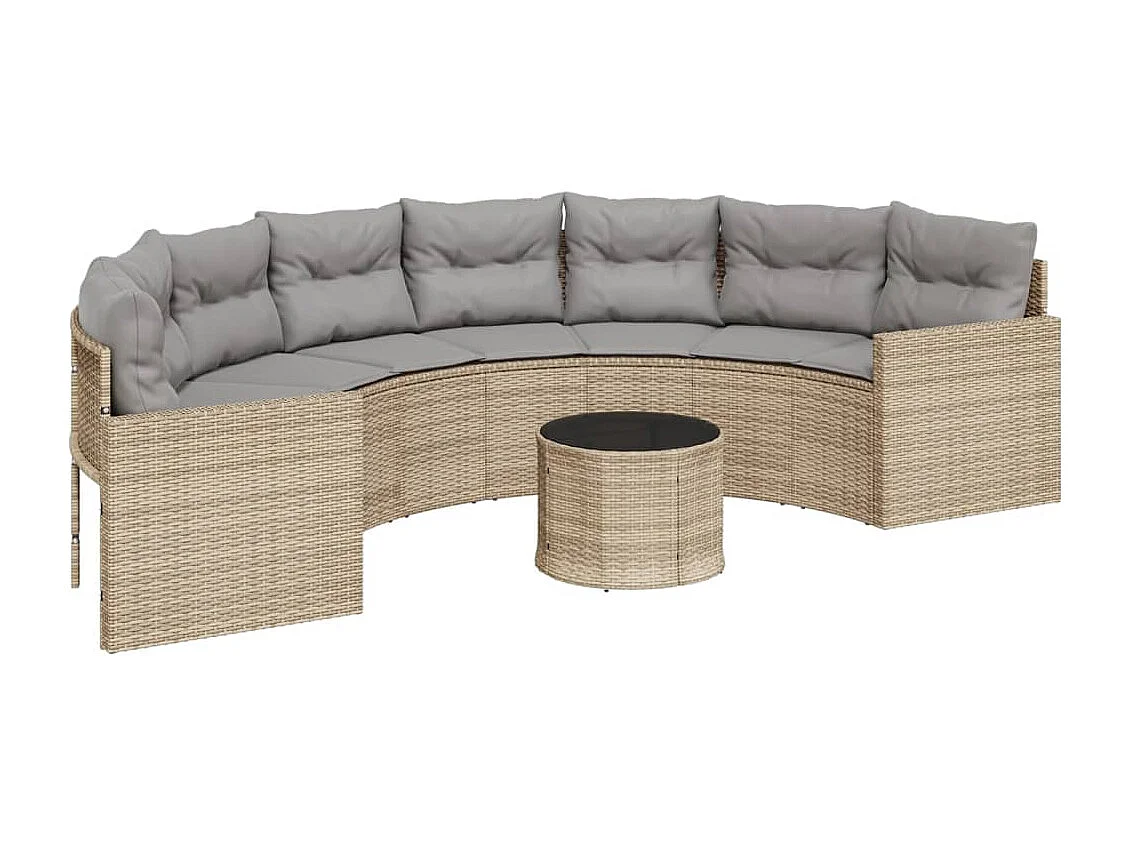 Divano Giardino Tavolo e Cuscini Semicircolare Beige Polyrattan