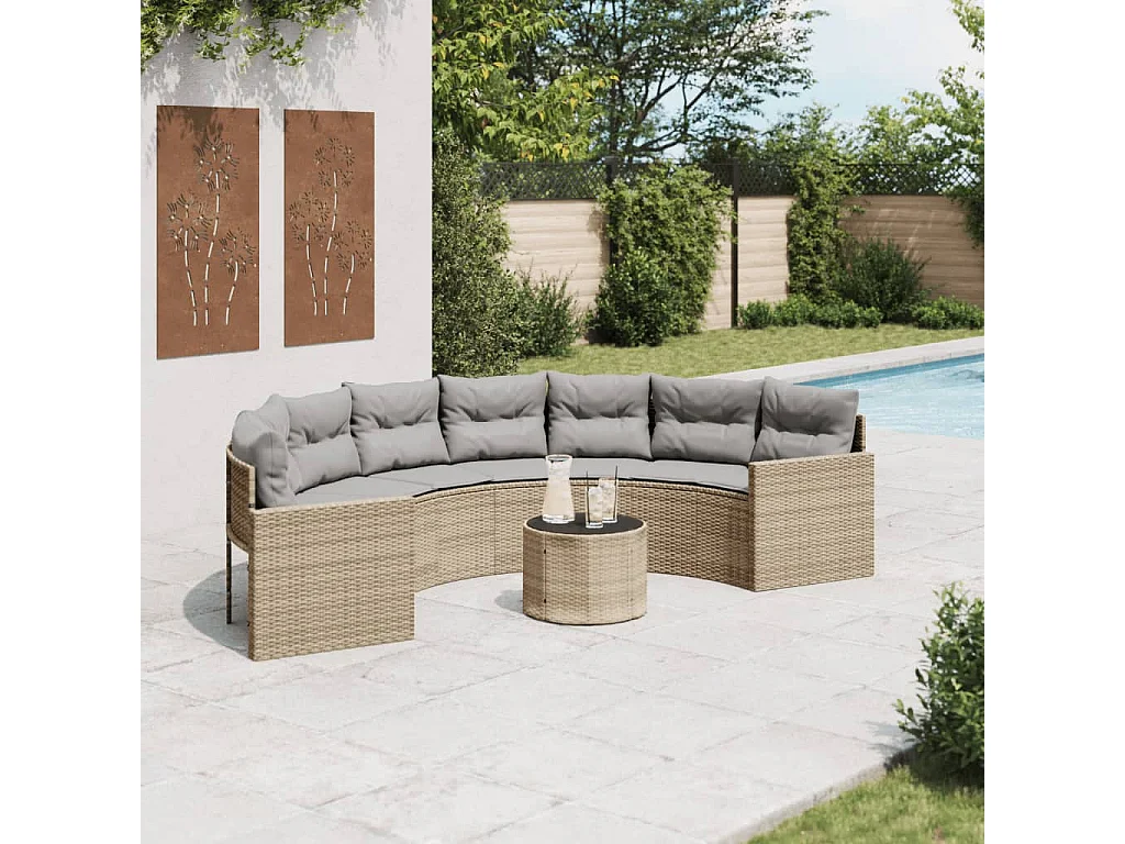 Canapé de jardin table coussins demi-rond beige résine tressée