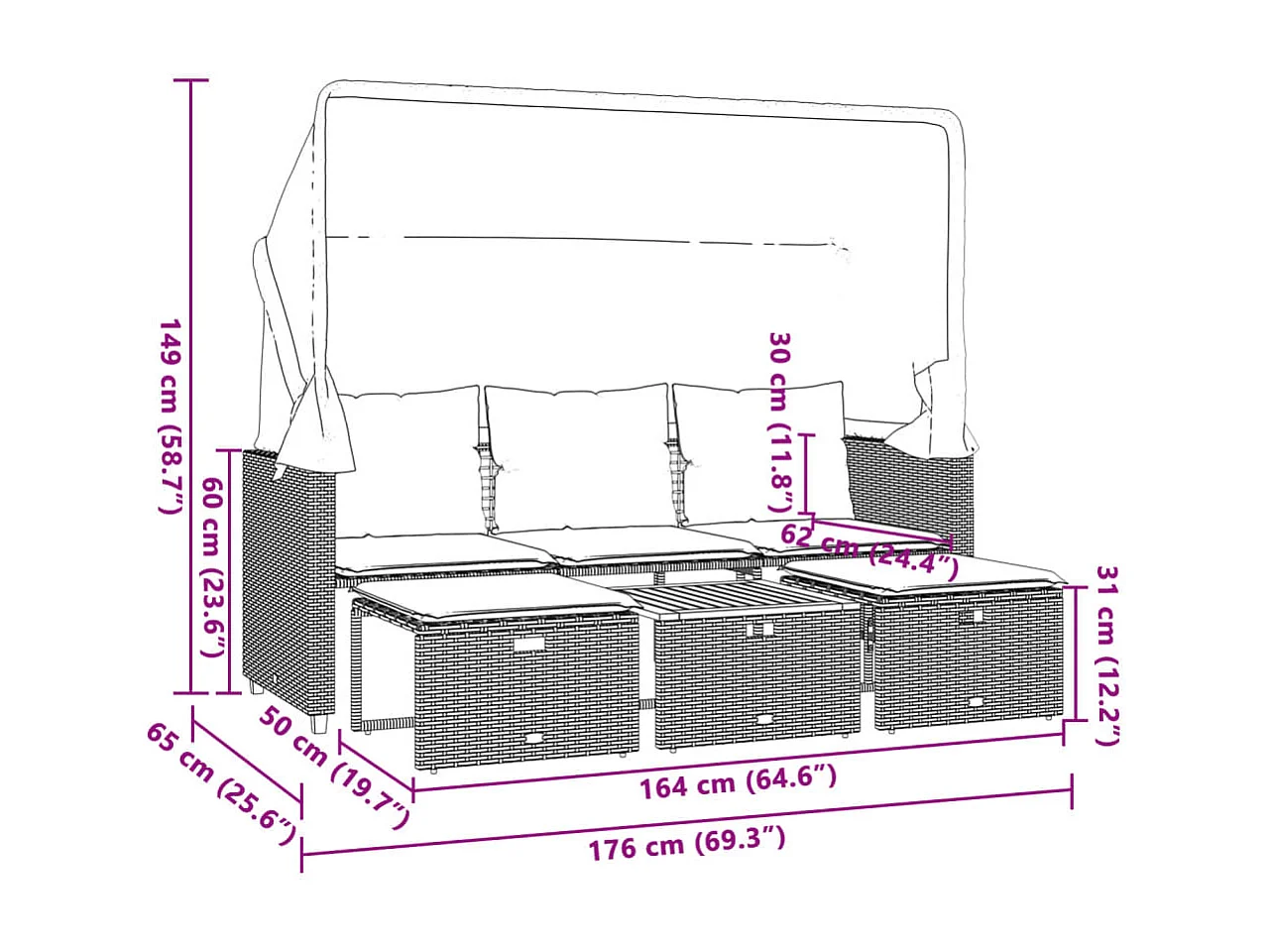Tuinbank 3-zits met luifel en voetenbanken poly rattan beige