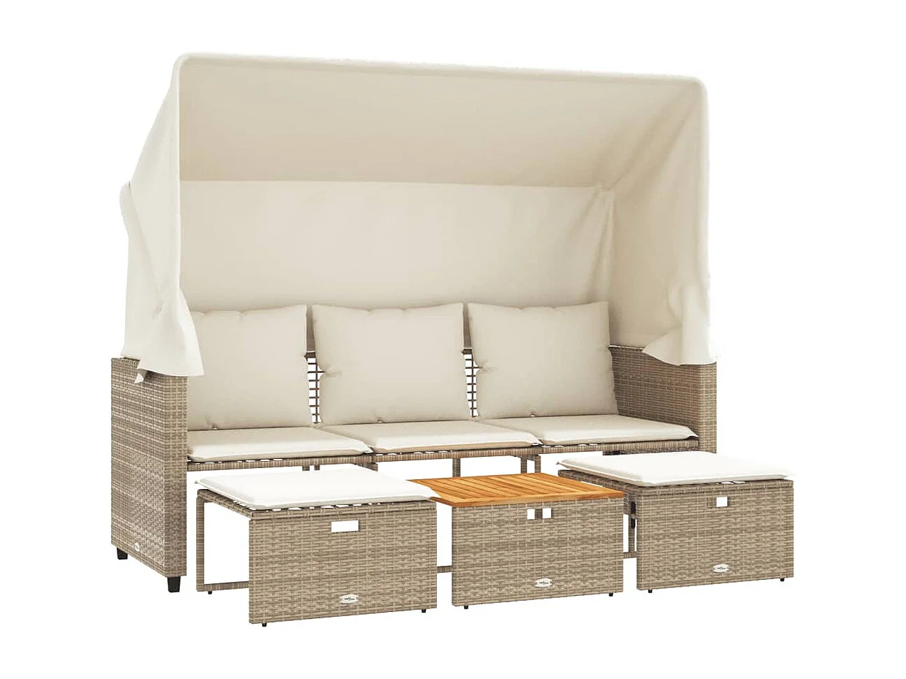 Outdoor-Sofa 3-Sitzer mit Dach und Hockern Beige Poly Rattan