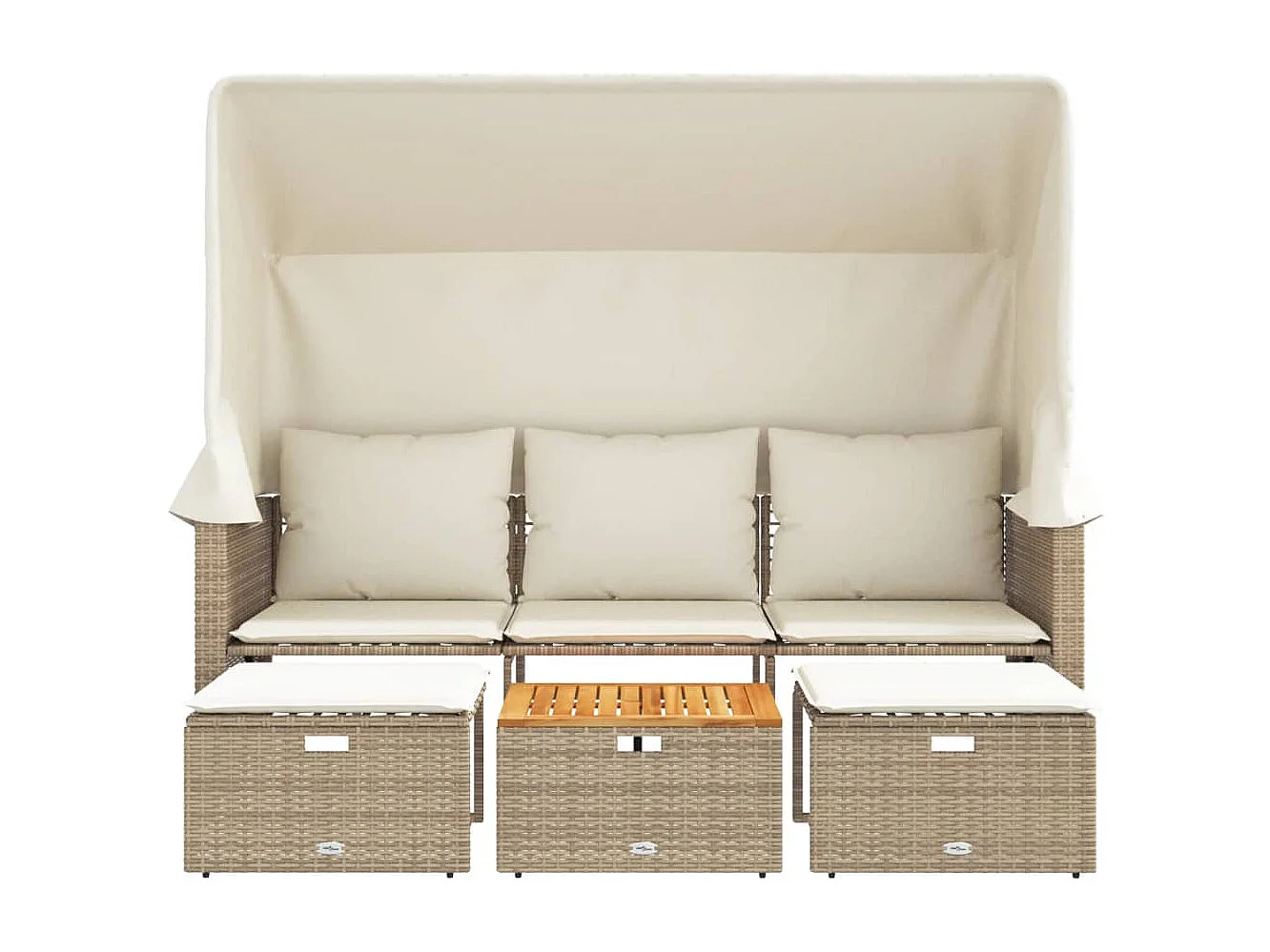 Outdoor-Sofa 3-Sitzer mit Dach und Hockern Beige Poly Rattan