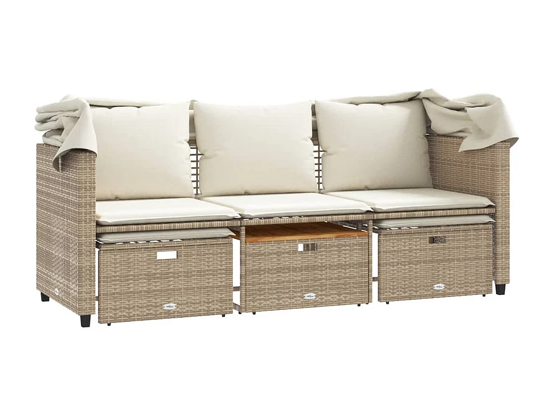 Outdoor-Sofa 3-Sitzer mit Dach und Hockern Beige Poly Rattan