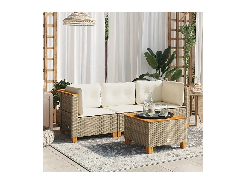 Canapé de jardin avec coussins 3 places beige résine tressée