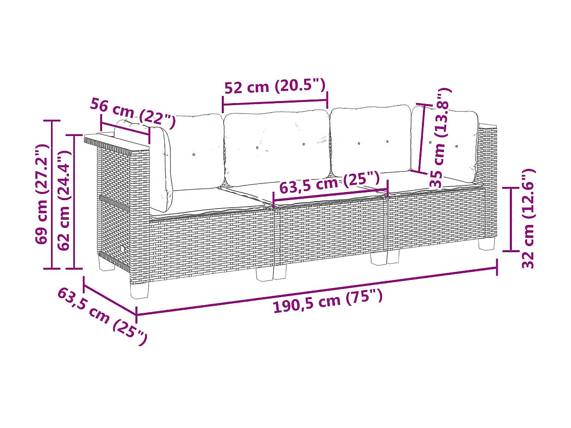 Canapé de jardin avec coussins 3 places beige résine tressée