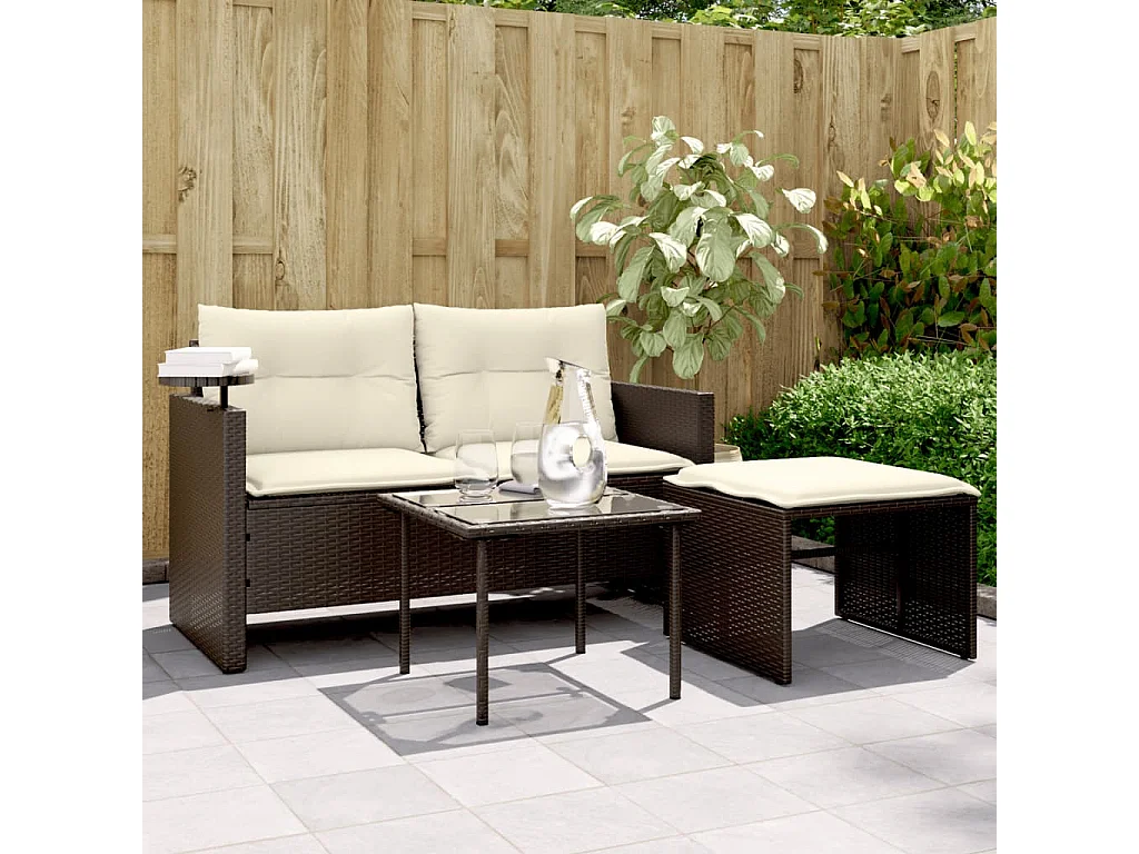 Salon de jardin avec coussins 3 pcs marron résine tressée