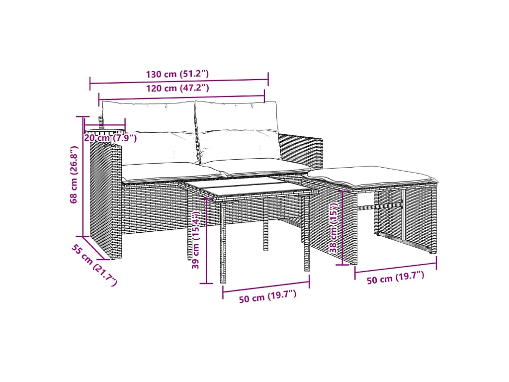 Salon de jardin avec coussins 3 pcs marron résine tressée