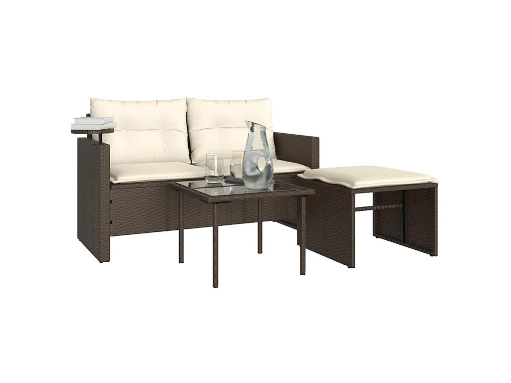 Salon de jardin avec coussins 3 pcs marron résine tressée