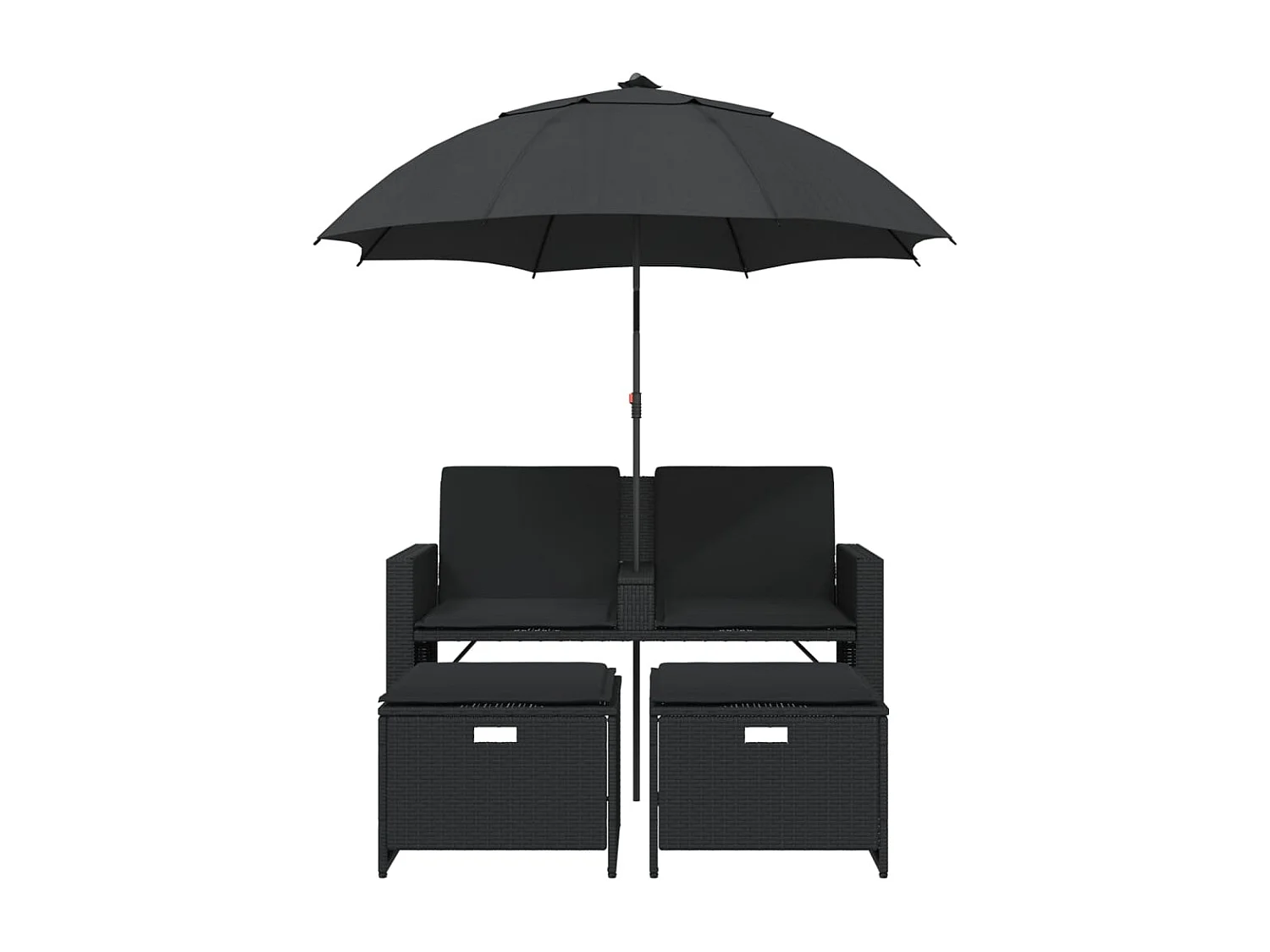 Tuinbank 2-zits met parasol en voetenbanken poly rattan zwart