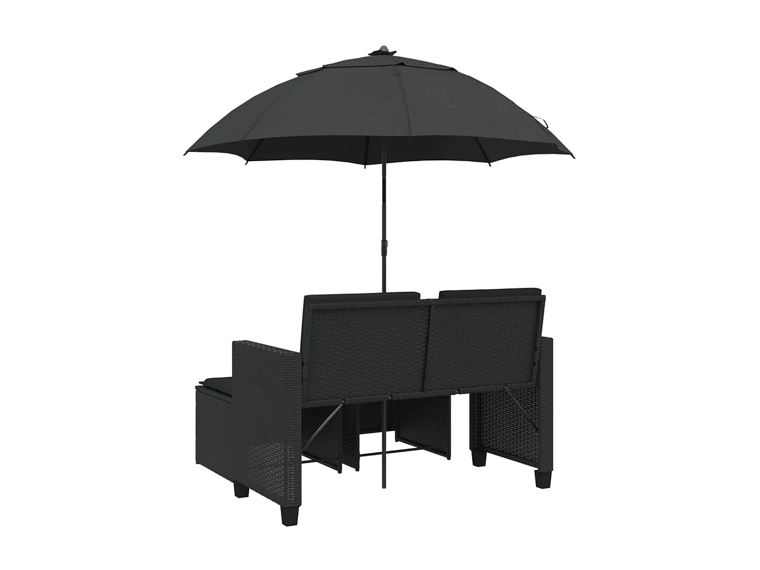 Tuinbank 2-zits met parasol en voetenbanken poly rattan zwart