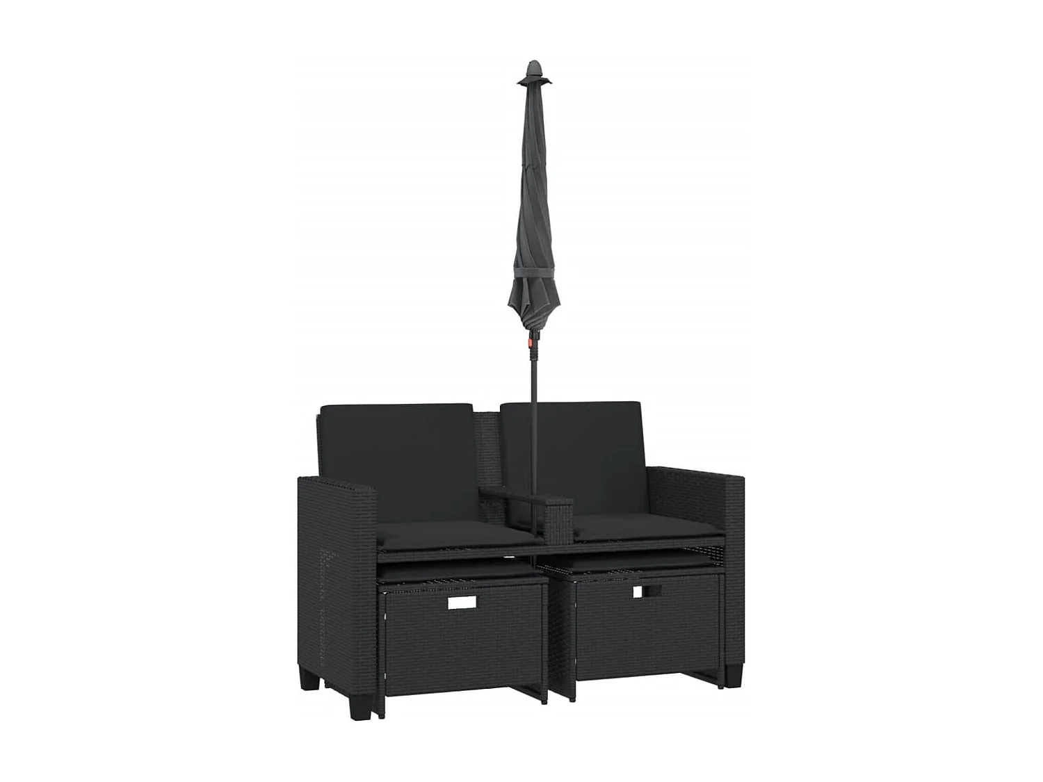 Tuinbank 2-zits met parasol en voetenbanken poly rattan zwart