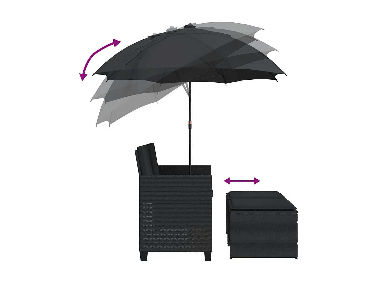 Canapé de jardin 2 places avec parasol et tabourets noir rotin