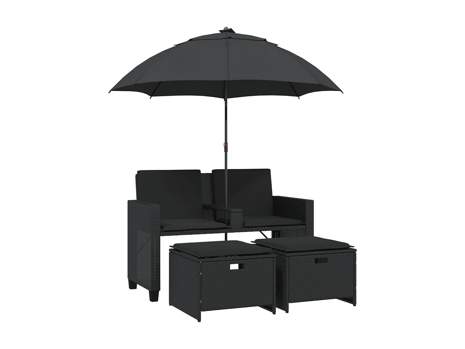 Tuinbank 2-zits met parasol en voetenbanken poly rattan zwart