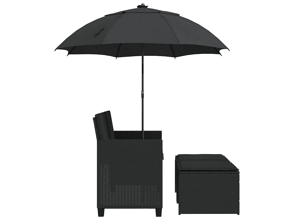 Sofá de jardim 2 lugares com guarda-sol e bancos vime PE preto