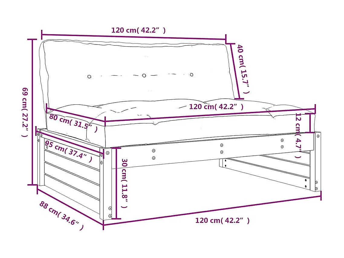 Mittelsofa Schwarz 120x80 cm Massivholz Kiefer