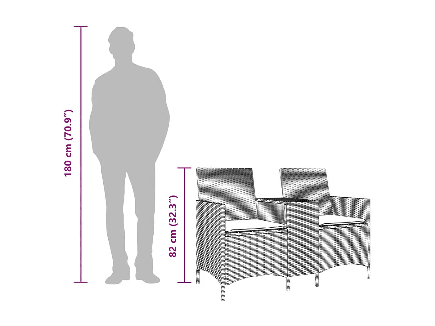 Canapé de jardin 2 places avec table et coussins résine tressée