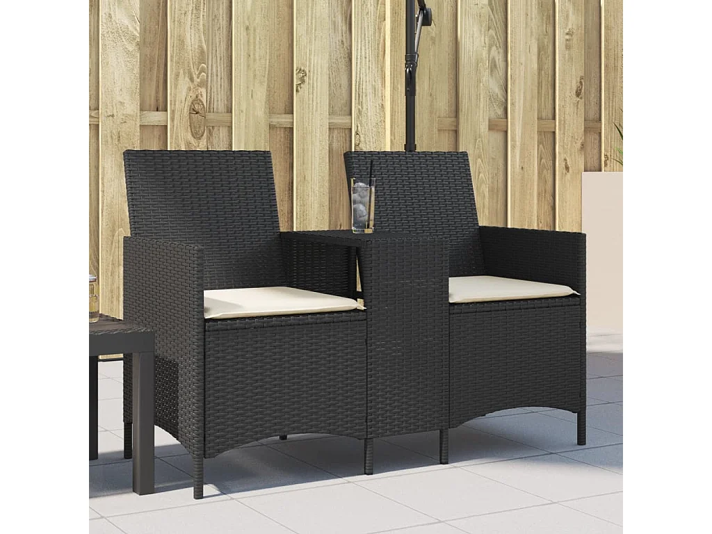 Tuinbank 2-zits met tafel en kussens poly rattan zwart