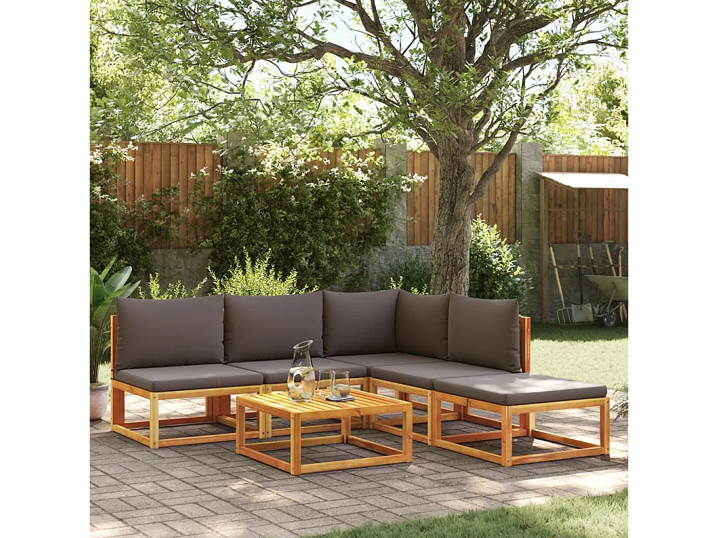 Conjunto de sofá de jardín de 6 piezas con cojines de madera de acacia y cuerda