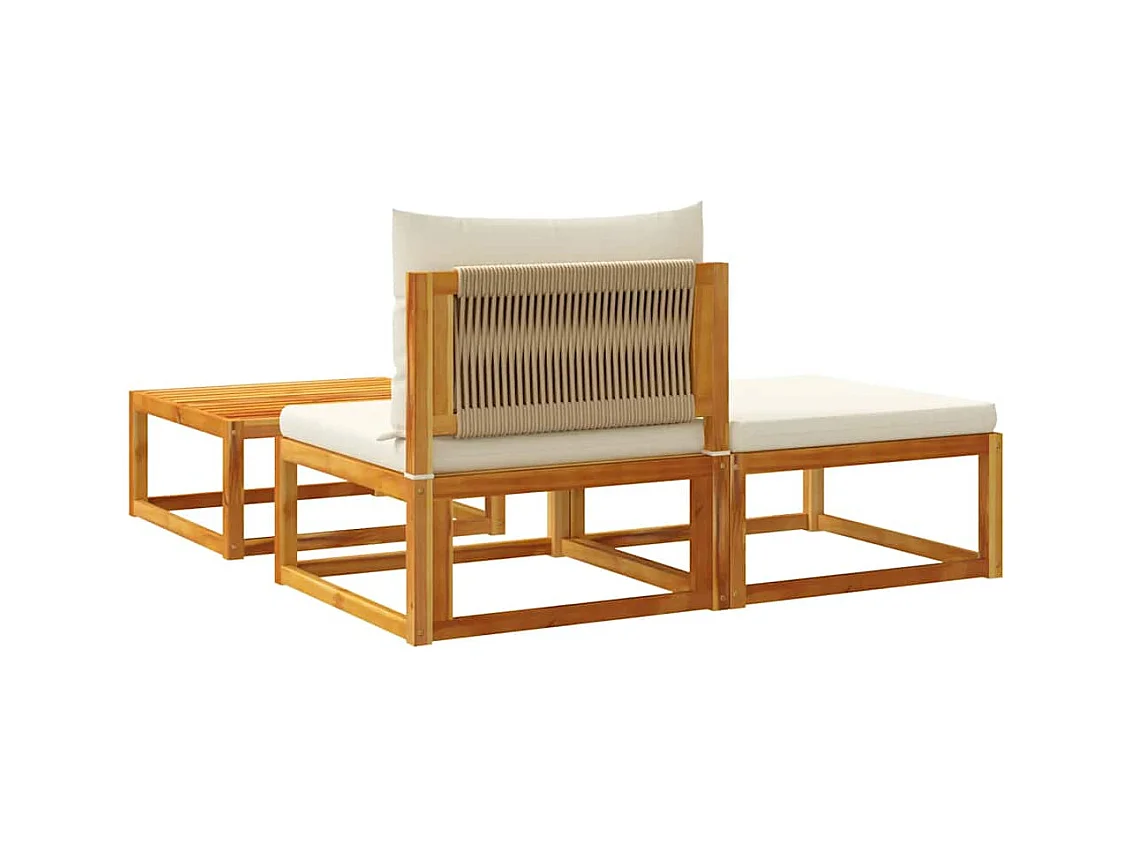 Ensemble de canapés de jardin 3 pièces avec coussins, bois d'acacia et corde,