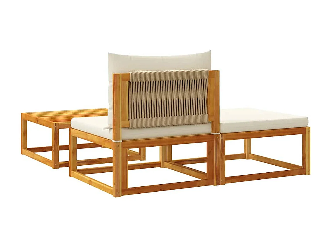 Ensemble de canapés de jardin 3 pièces avec coussins, bois d'acacia et corde,