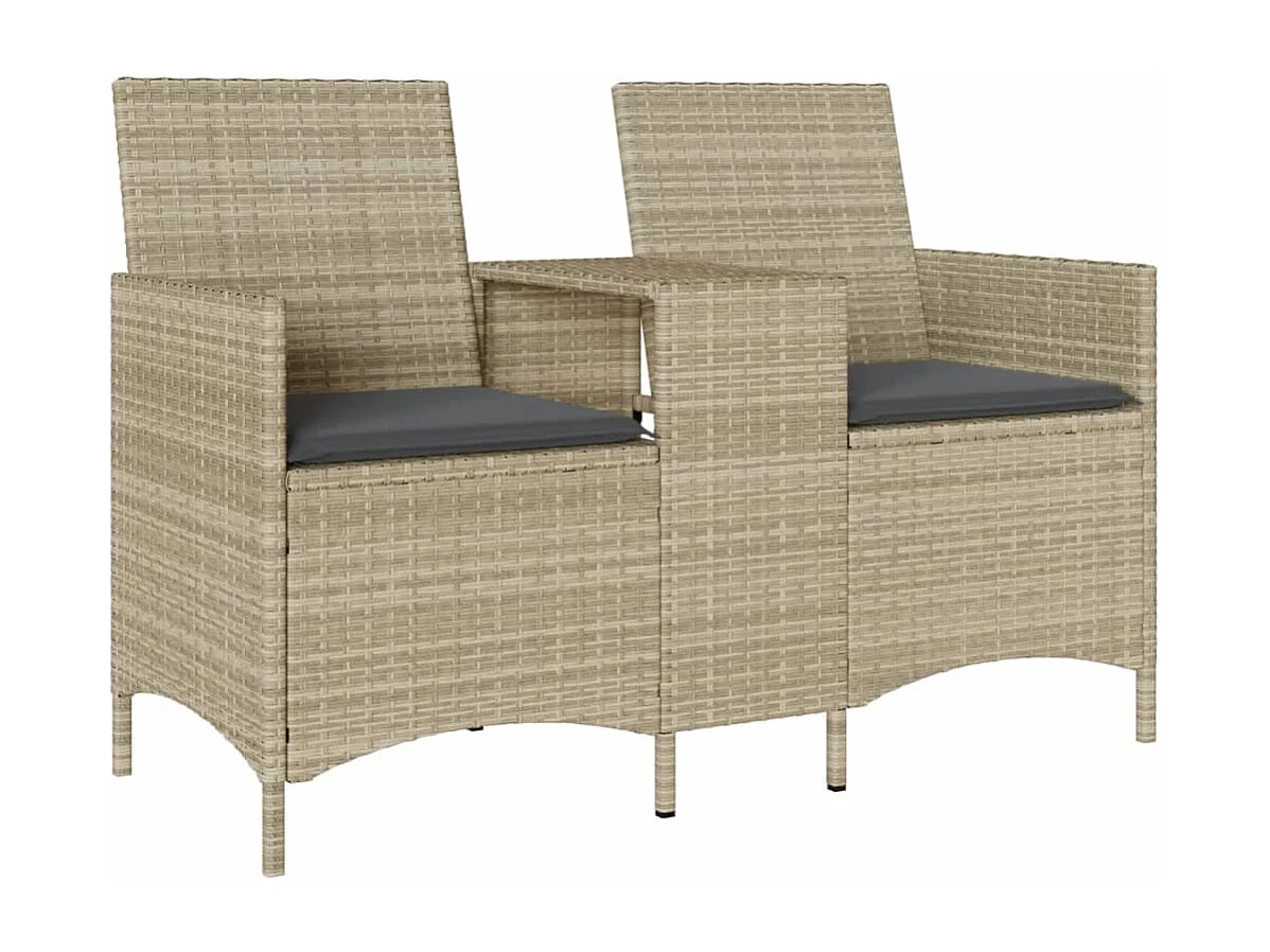 Tuinbank 2-zits met tafel en kussens poly rattan lichtgrijs