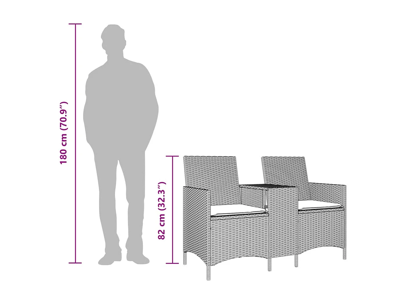 Tuinbank 2-zits met tafel en kussens poly rattan lichtgrijs