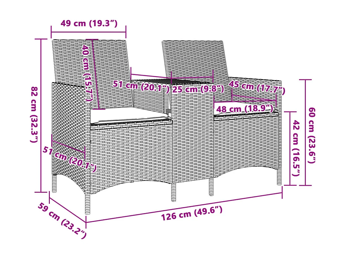 Gartensofa 2-Sitzer mit Tisch und Kissen Hellgrau Poly Rattan