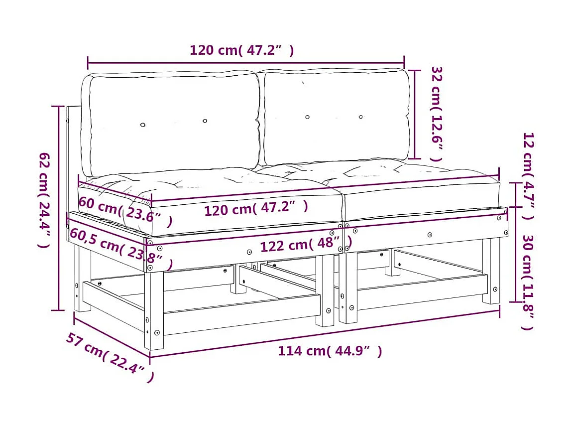 Mittelsofas mit Kissen 2 Stk. Weiß Massivholz Kiefer